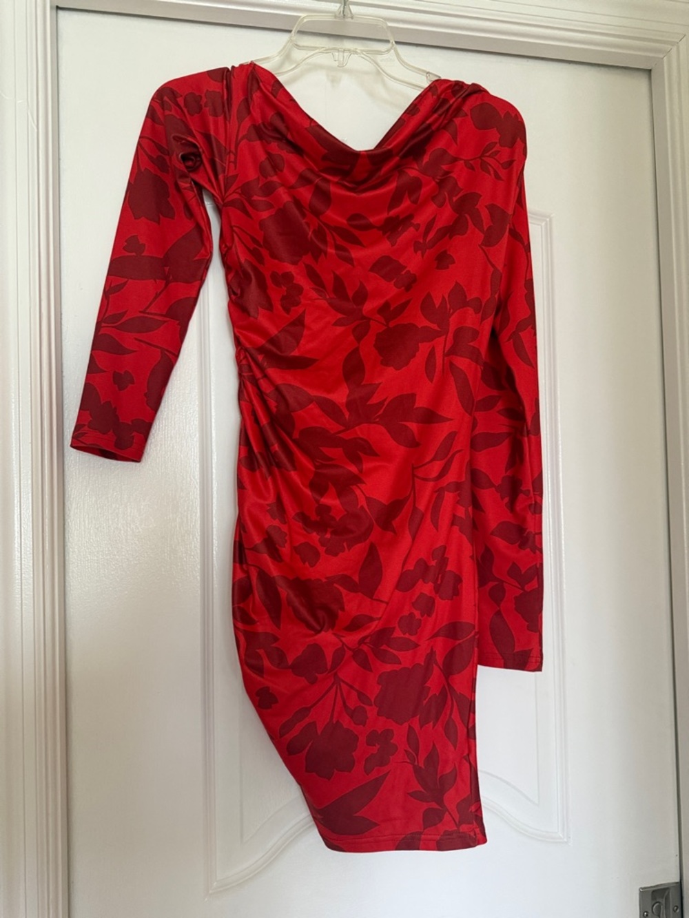 SHEIN Red Floral Cowl-Neck Long Sleeve Bodycon Dress